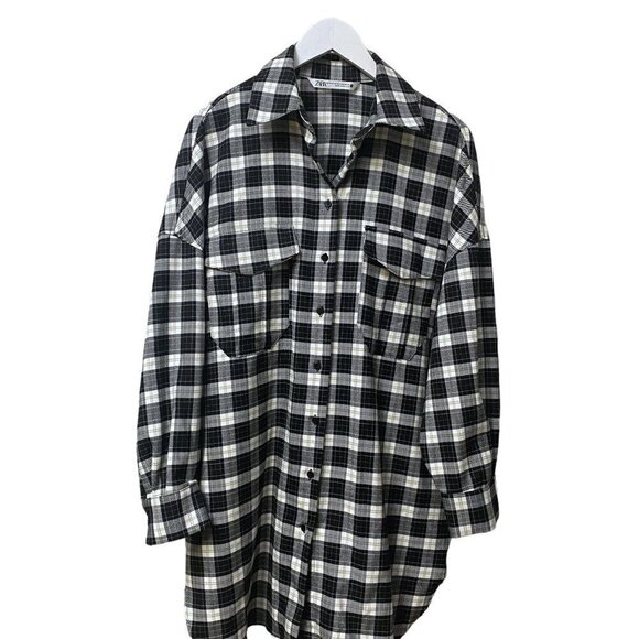 ZARA Oversized Plaid Shirt Size XS  Black Check Button Up Shacket NWOT - Picture 2 of 10